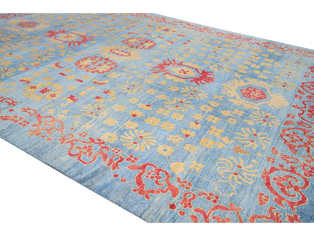 Modern Oushak Handmade Floral Blue Oversize Wool Rug
