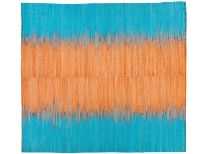 Modern Kilim Flatweave Abstract Designed Blue and Orange Wool Rug