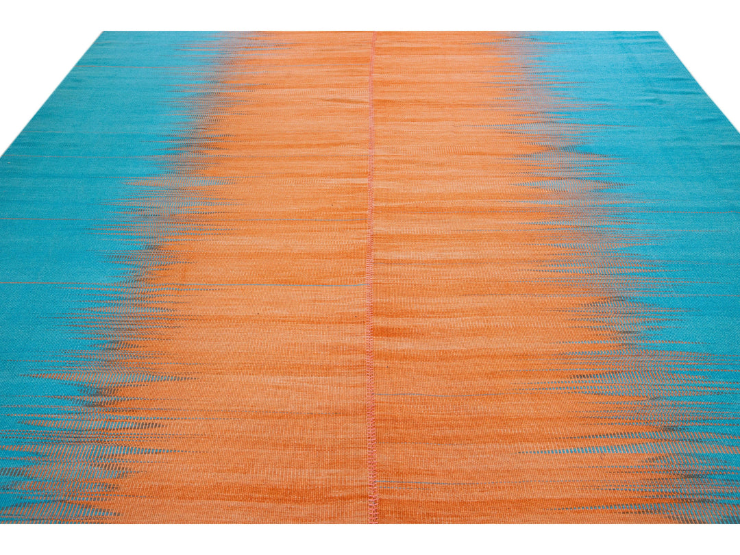 Modern Kilim Flatweave Abstract Designed Blue and Orange Wool Rug