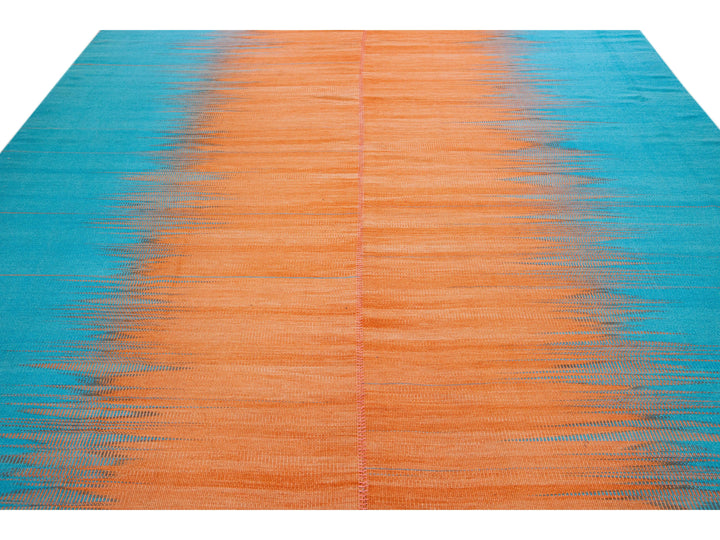 Modern Kilim Flatweave Abstract Designed Blue and Orange Wool Rug