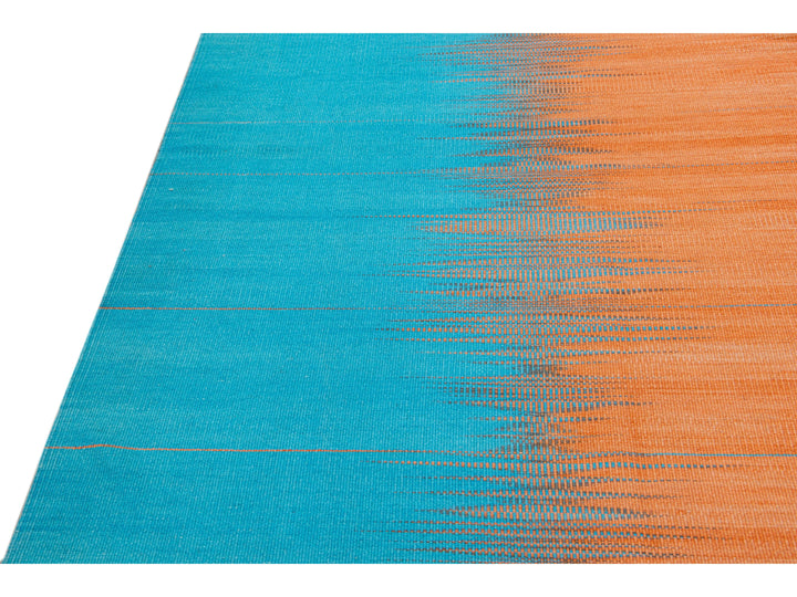 Modern Kilim Flatweave Abstract Designed Blue and Orange Wool Rug