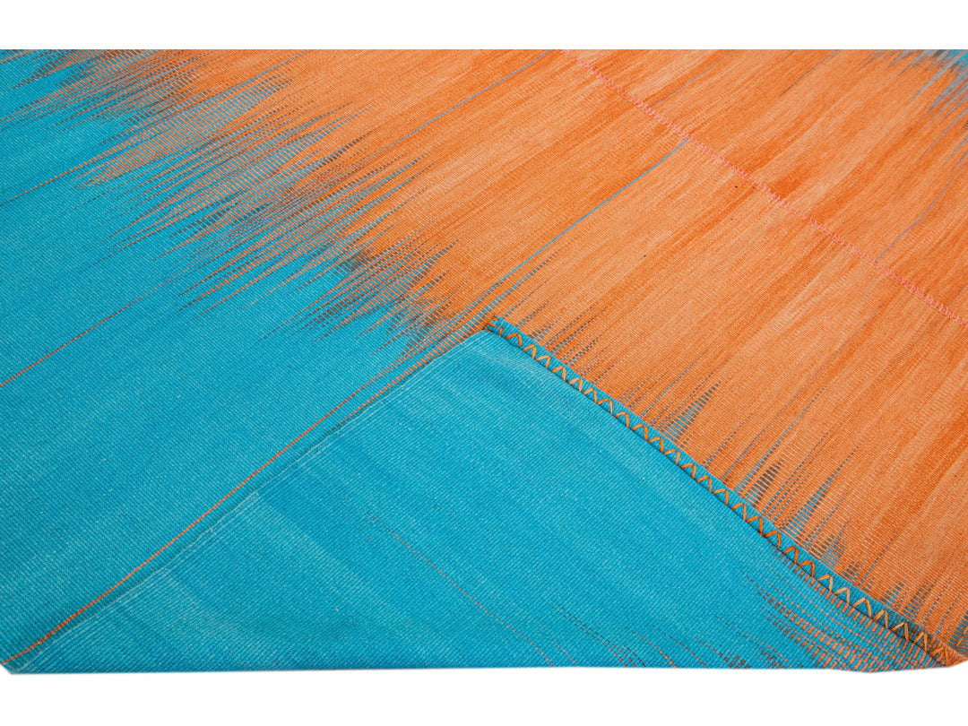 Modern Kilim Flatweave Abstract Designed Blue and Orange Wool Rug