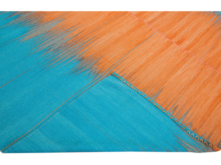 Modern Kilim Flatweave Abstract Designed Blue and Orange Wool Rug