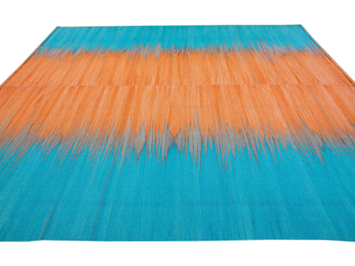 Modern Kilim Flatweave Abstract Designed Blue and Orange Wool Rug