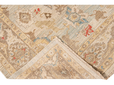 Modern Sultanabad Handmade Floral Blue and Brown Wool Rug