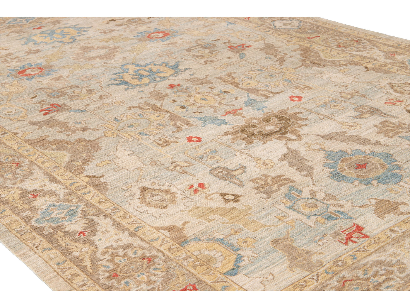 Modern Sultanabad Handmade Floral Blue and Brown Wool Rug