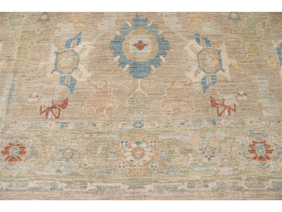 Modern Sultanabad Handmade Beige and Green Floral Wool Rug