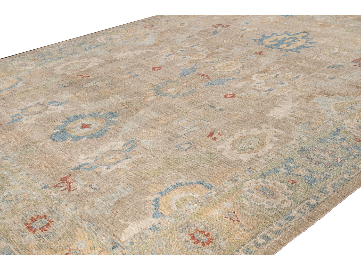 Modern Sultanabad Handmade Beige and Green Floral Wool Rug