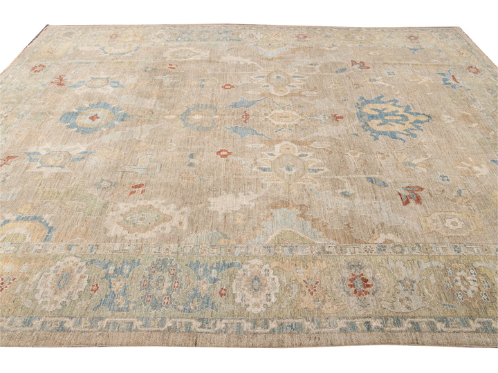 Modern Sultanabad Handmade Beige and Green Floral Wool Rug