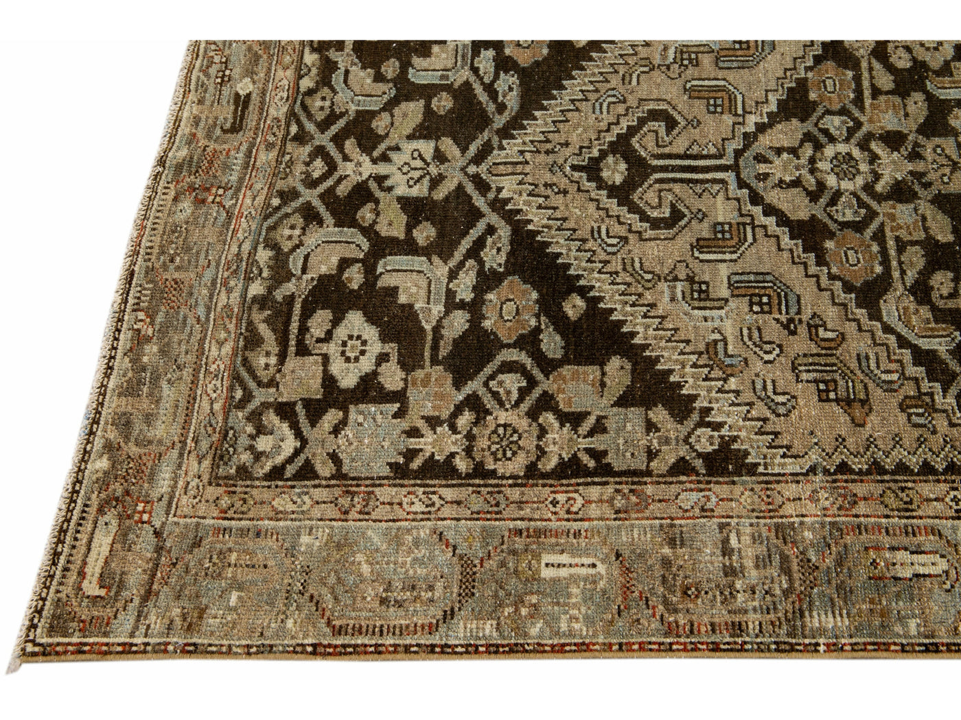 Antique Malayer Handmade Floral Designed Brown Wool Rug