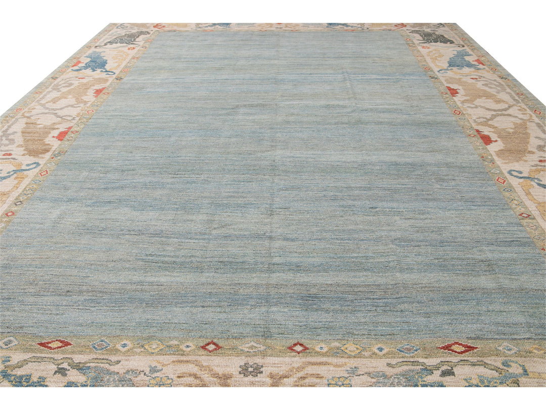 Contemporary Sultanabad Blue and Beige Handmade Designed Oversize Wool Rug