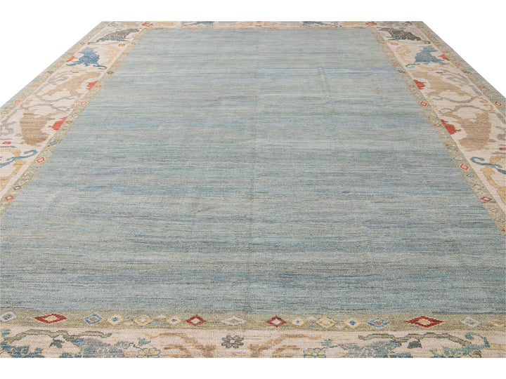 Contemporary Sultanabad Blue and Beige Handmade Designed Oversize Wool Rug
