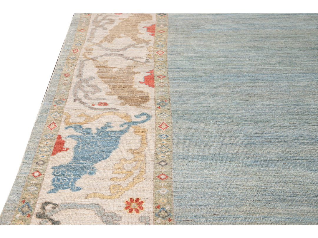 Contemporary Sultanabad Blue and Beige Handmade Designed Oversize Wool Rug