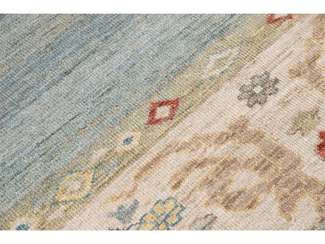 Contemporary Sultanabad Blue and Beige Handmade Designed Oversize Wool Rug