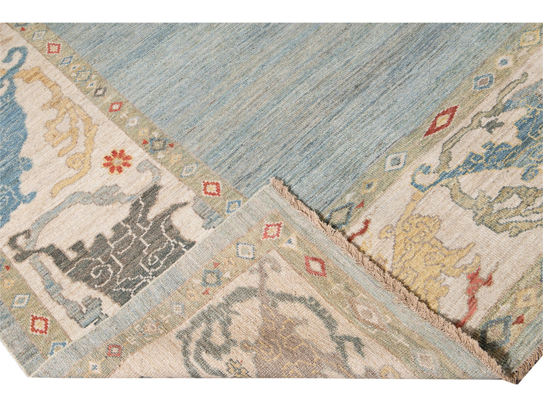 Contemporary Sultanabad Blue and Beige Handmade Designed Oversize Wool Rug