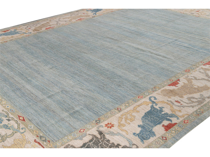 Contemporary Sultanabad Blue and Beige Handmade Designed Oversize Wool Rug