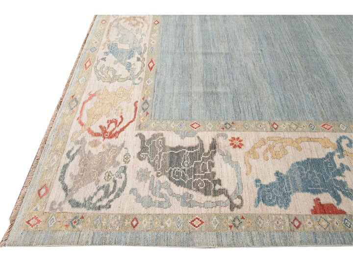 Contemporary Sultanabad Blue and Beige Handmade Designed Oversize Wool Rug