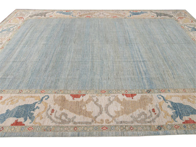 Contemporary Sultanabad Blue and Beige Handmade Designed Oversize Wool Rug