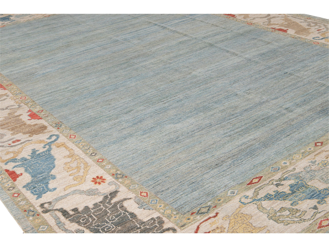 Contemporary Sultanabad Blue and Beige Handmade Designed Oversize Wool Rug