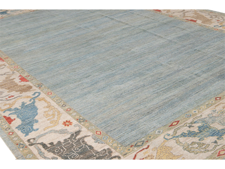 Contemporary Sultanabad Blue and Beige Handmade Designed Oversize Wool Rug