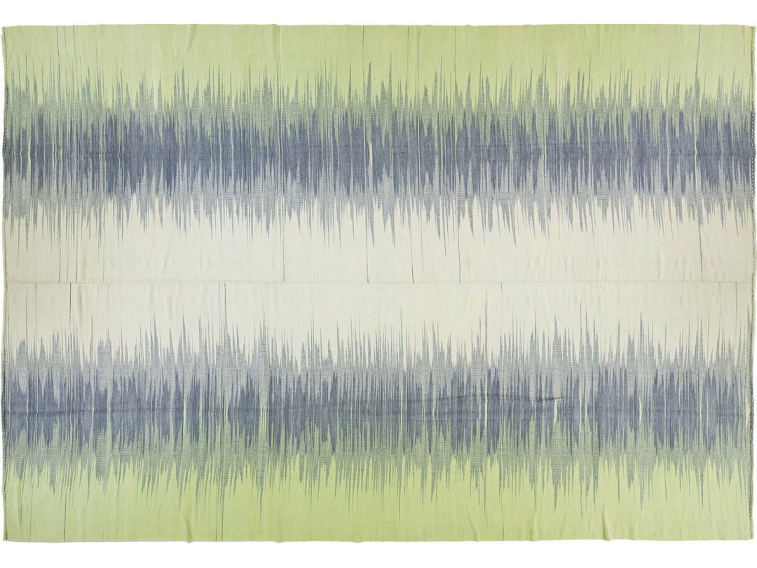 Modern Kilim Green and Gray Abstract Handmade Oversize Wool Rug