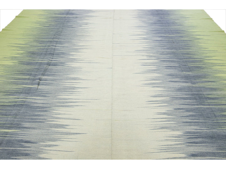 Modern Kilim Green and Gray Abstract Handmade Oversize Wool Rug