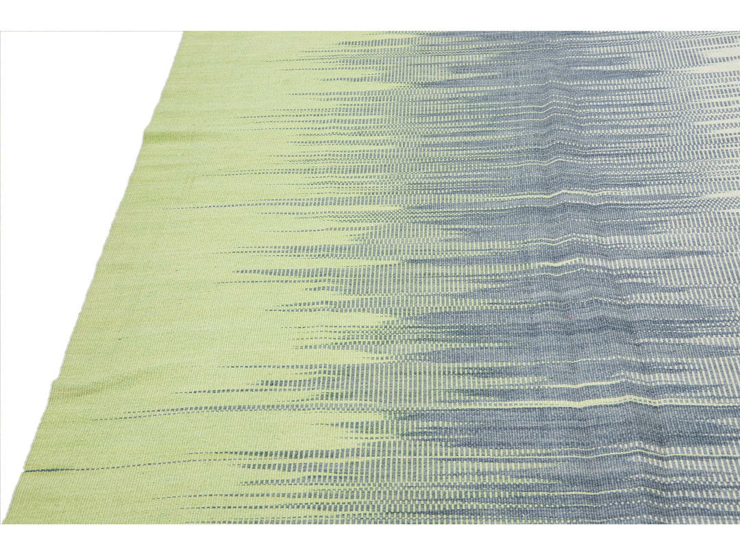 Modern Kilim Green and Gray Abstract Handmade Oversize Wool Rug