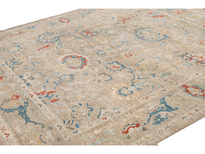 Modern Sultanabad Beige Handmade Square Floral Wool Rug