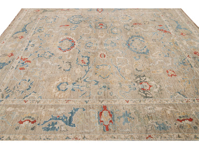 Modern Sultanabad Beige Handmade Square Floral Wool Rug