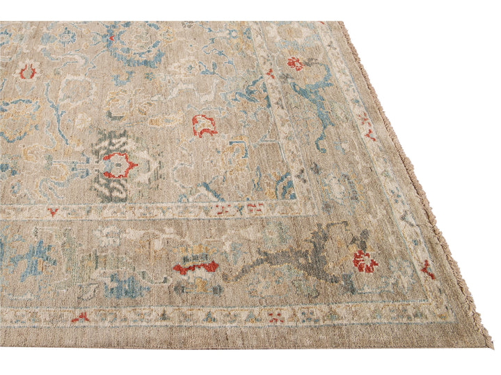 Modern Sultanabad Beige Handmade Square Floral Wool Rug