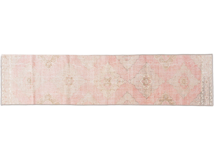 Vintage Turkish Pink and Beige Handmade Medallion Floral Wool Runner