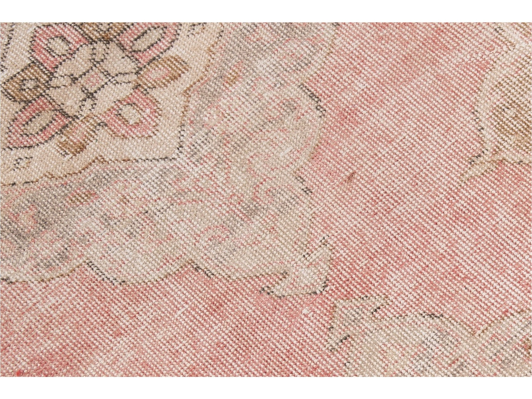Vintage Turkish Pink and Beige Handmade Medallion Floral Wool Runner