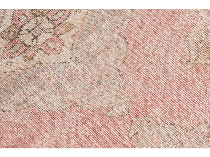 Vintage Turkish Pink and Beige Handmade Medallion Floral Wool Runner