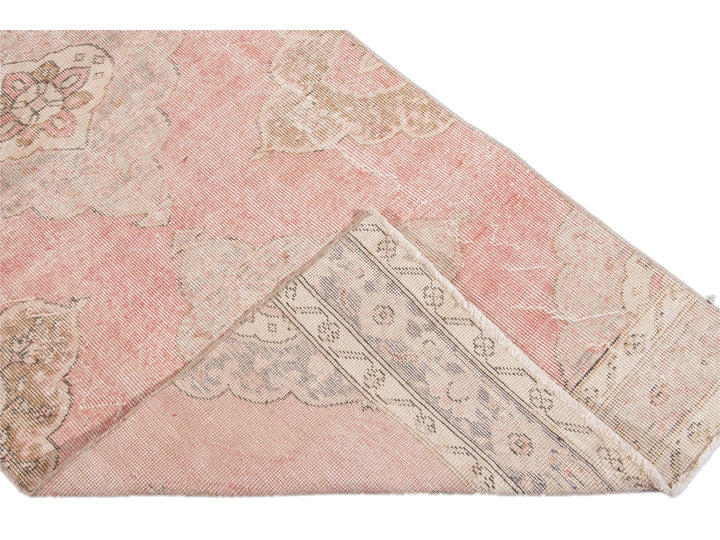 Vintage Turkish Pink and Beige Handmade Medallion Floral Wool Runner