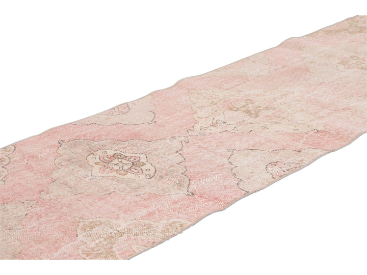 Vintage Turkish Pink and Beige Handmade Medallion Floral Wool Runner