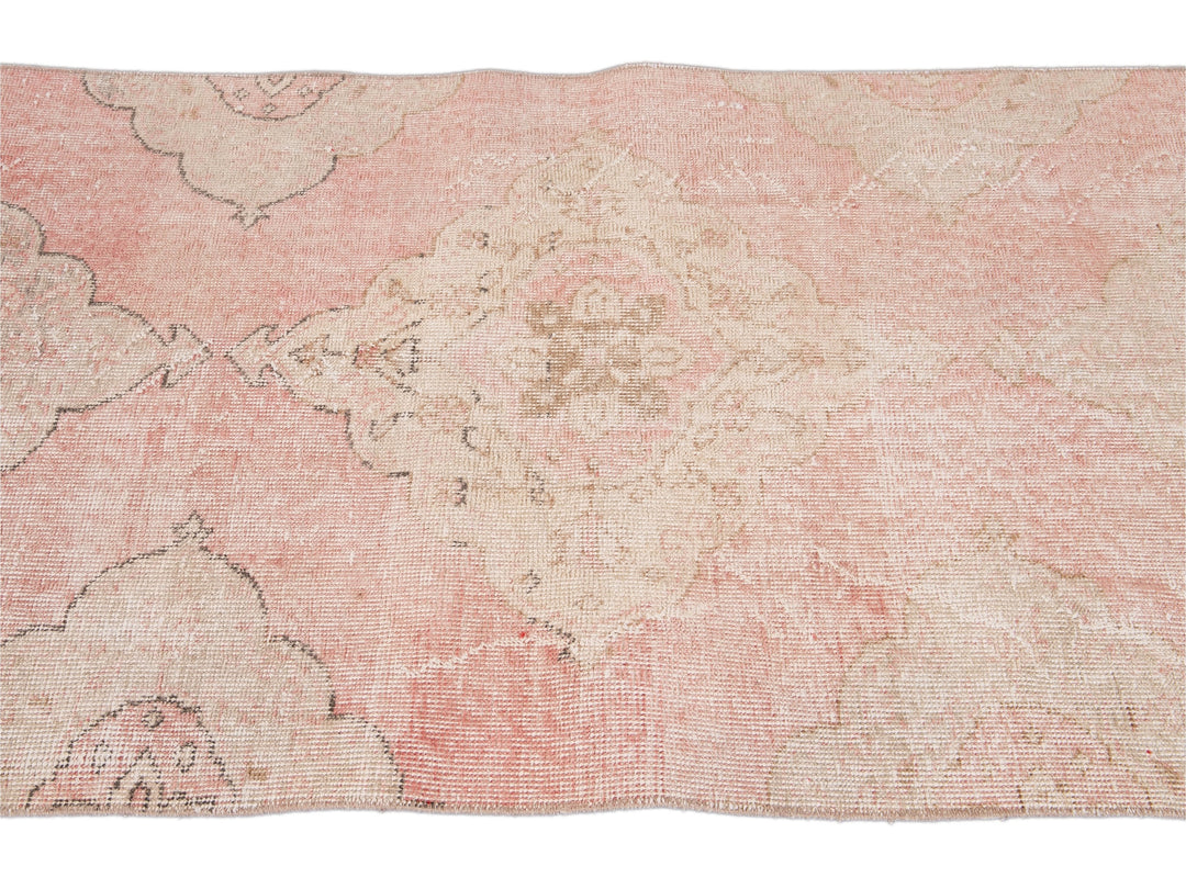 Vintage Turkish Pink and Beige Handmade Medallion Floral Wool Runner