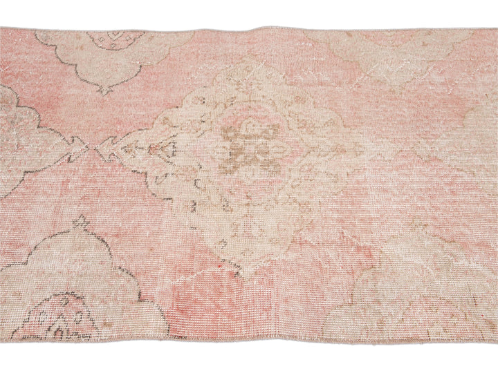 Vintage Turkish Pink and Beige Handmade Medallion Floral Wool Runner