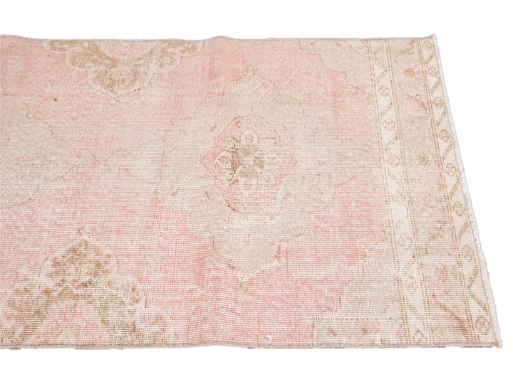 Vintage Turkish Pink and Beige Handmade Medallion Floral Wool Runner