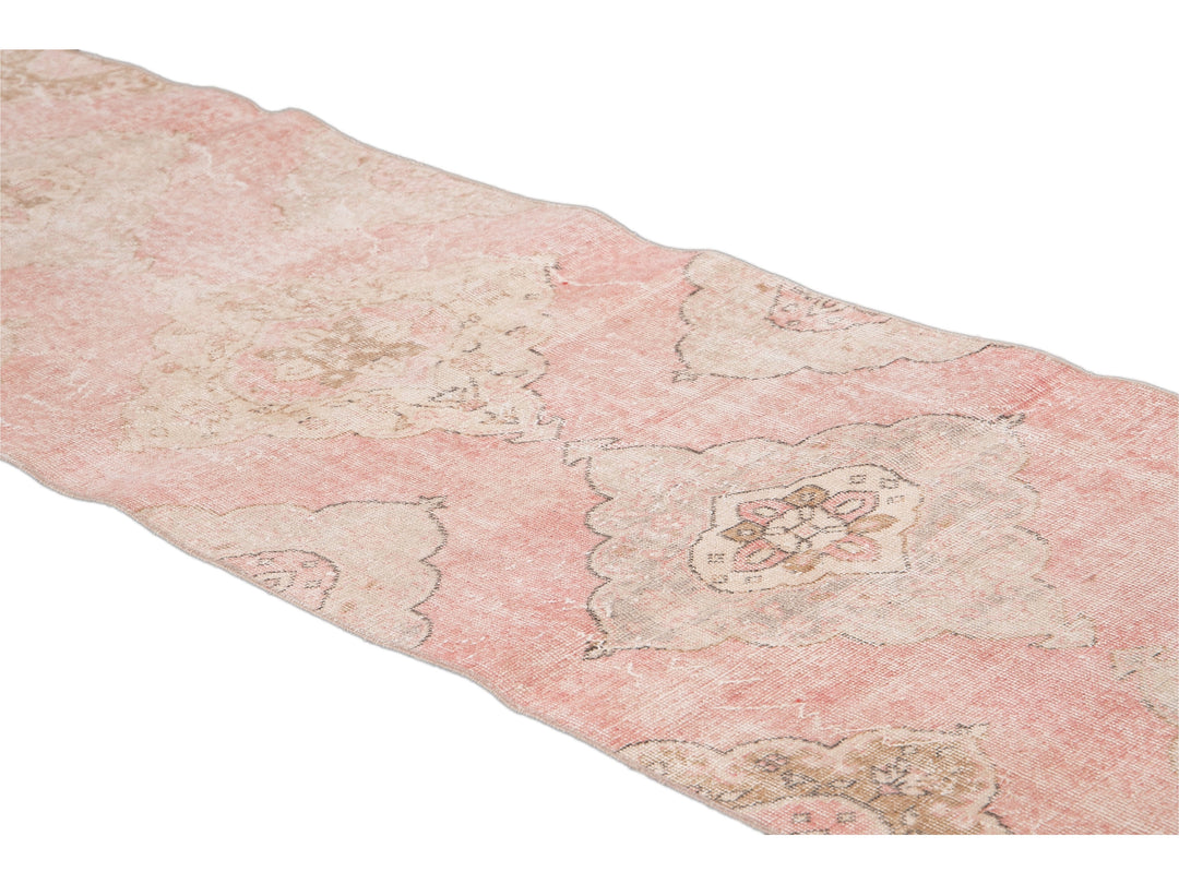 Vintage Turkish Pink and Beige Handmade Medallion Floral Wool Runner