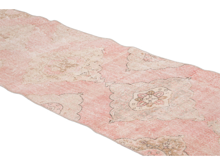 Vintage Turkish Pink and Beige Handmade Medallion Floral Wool Runner