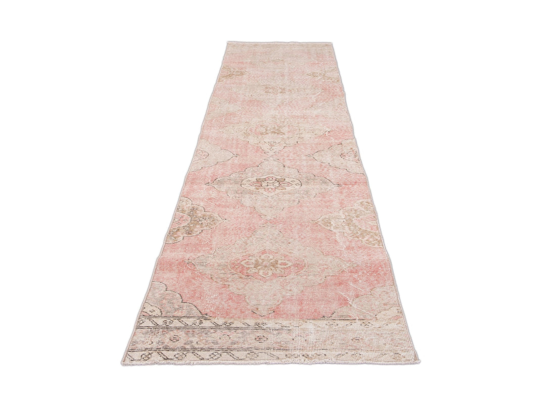Vintage Turkish Pink and Beige Handmade Medallion Floral Wool Runner