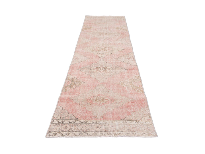 Vintage Turkish Pink and Beige Handmade Medallion Floral Wool Runner