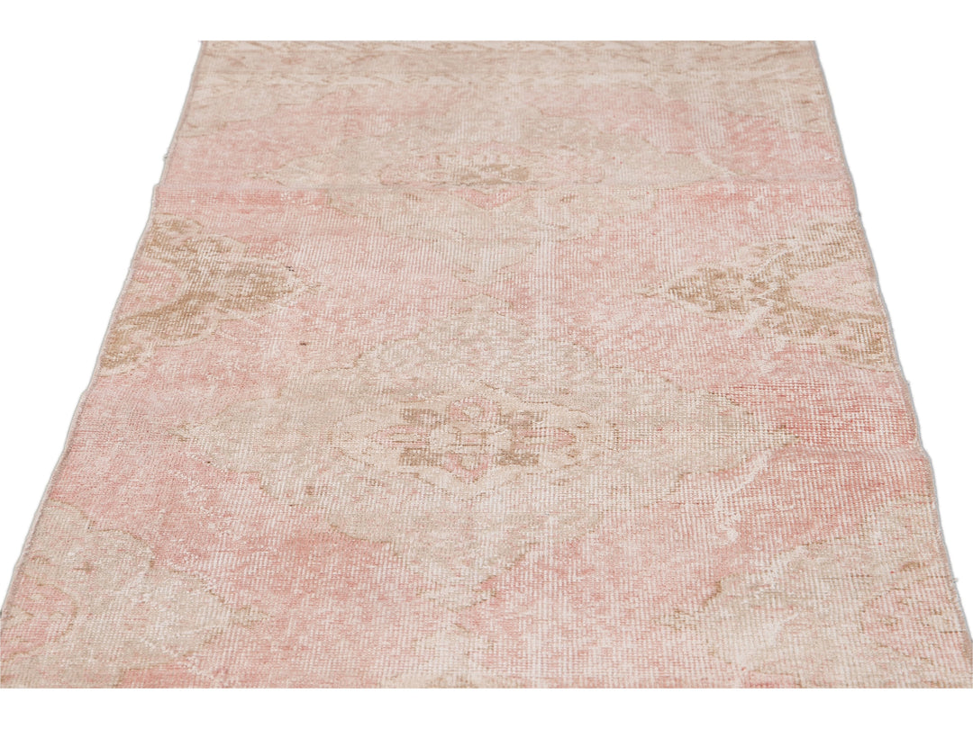 Vintage Turkish Pink and Beige Handmade Medallion Floral Wool Runner