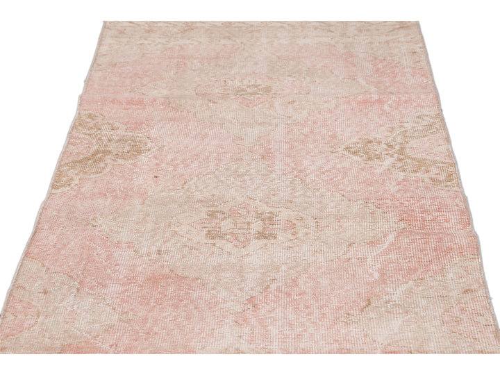Vintage Turkish Pink and Beige Handmade Medallion Floral Wool Runner