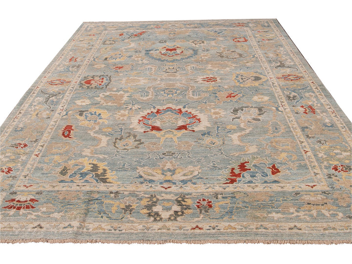 Modern Sultanabad Handmade Blue Floral Wool Rug