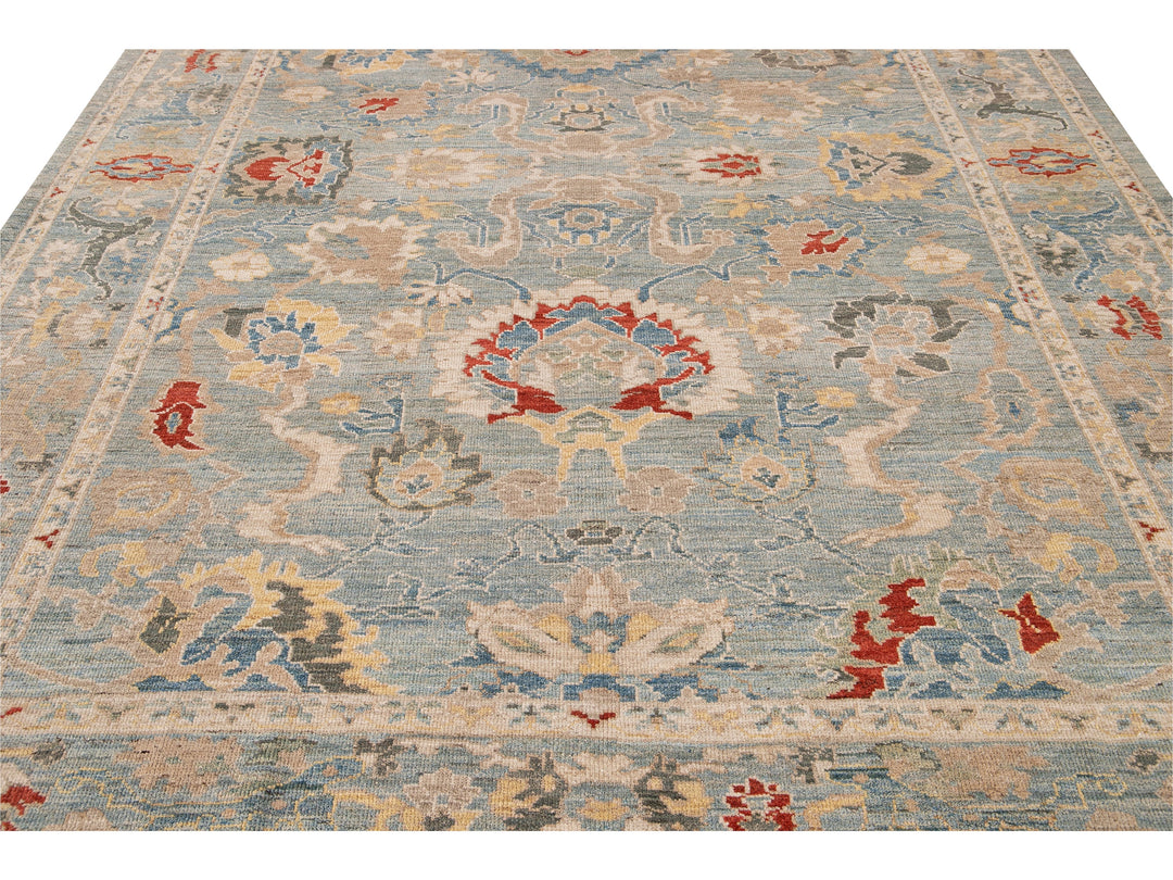 Modern Sultanabad Handmade Blue Floral Wool Rug