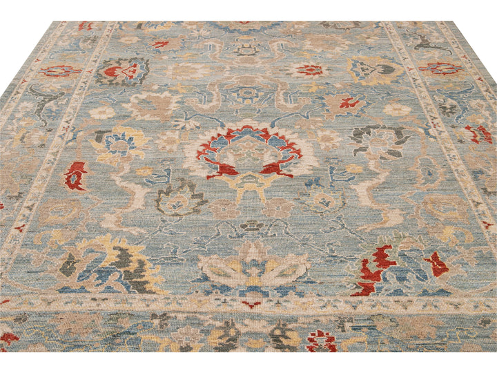 Modern Sultanabad Handmade Blue Floral Wool Rug