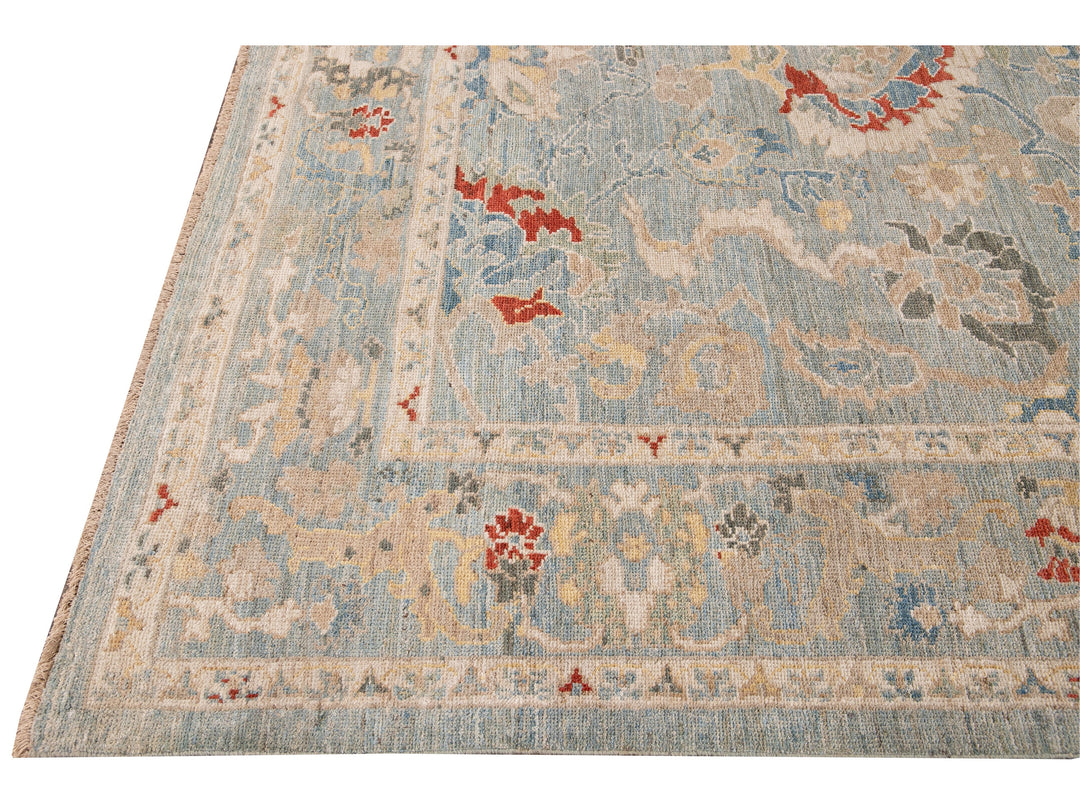 Modern Sultanabad Handmade Blue Floral Wool Rug