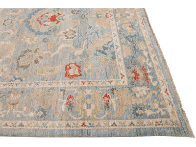 Modern Sultanabad Handmade Blue Floral Wool Rug