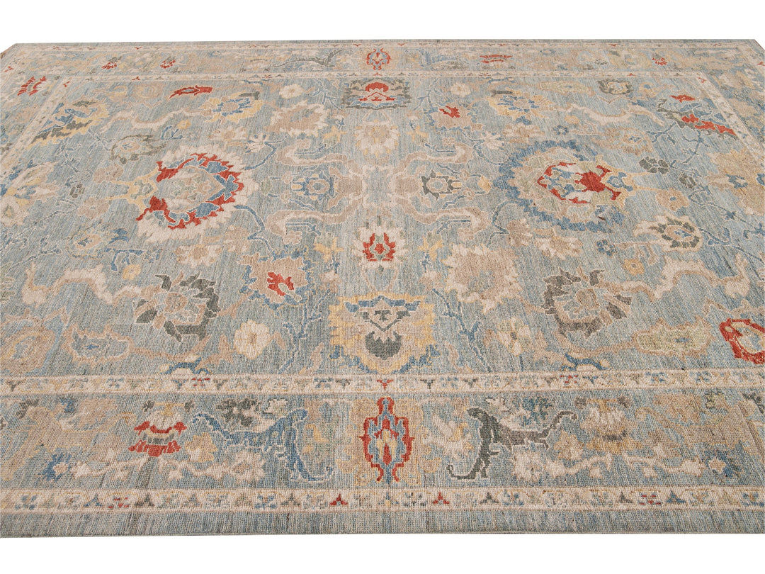 Modern Sultanabad Handmade Blue Floral Wool Rug